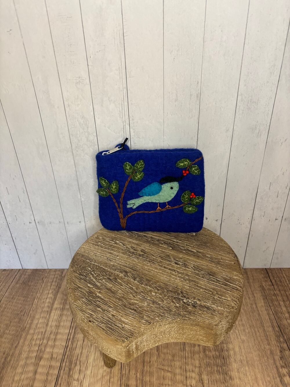 Felted Wool Coin Purse Wallet Cute Blue Bird Trees Leaves NEW! Wallets Boho